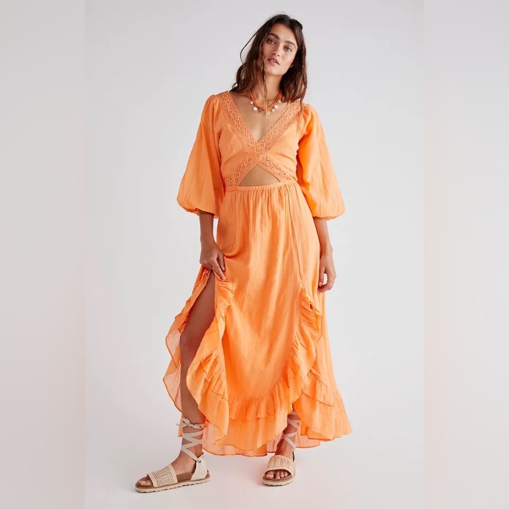 Free People X’s and O’s Midi Dress in papaya